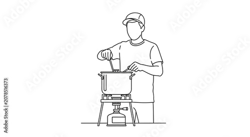 Person cooking outdoors with portable stove and pot.
