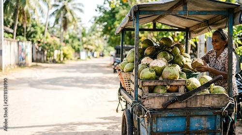 Local woman selling fresh green coconuts from a mobile street cart