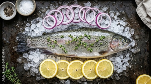Fresh rainbow trout arranged with lemon slices, red onion rings, and herbs on a bed of ice, ready for culinary preparation.