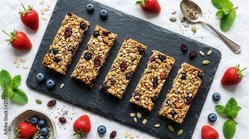 Delicious Homemade Granola Bars with Mixed Berries and Seeds arranged on a Black Slate Plate, Top View