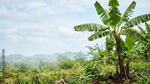 Banana tree with bunch of green fruit in a tropical landscape