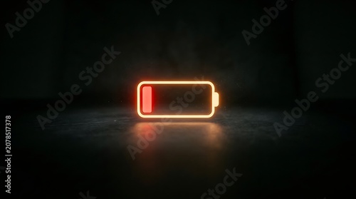 Low battery icon with red indicator, glowing neon sign on a dark concrete floor background, 3d render, minimalist concept of power depletion and energy saving