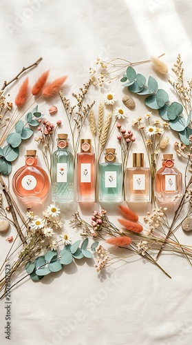 Flat lay of aesthetic perfume bottles with dried flowers and herbs