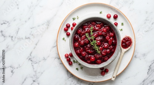 Rich, homemade cranberry sauce with fresh thyme garnish in a bowl on a white plate, perfect for holiday meals.