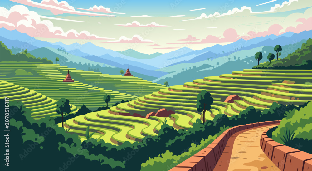 Fototapeta premium Scenic Rice Terrace Valley Vector Illustration Landscape Design for Travel and Nature Backgrounds