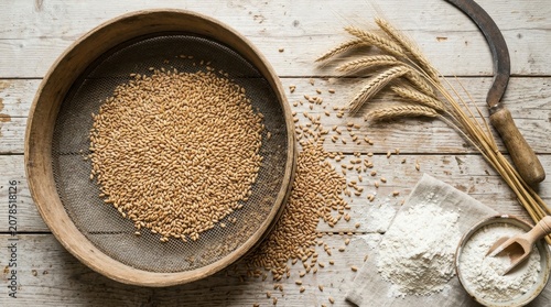 Rustic wheat grain being sifted in a sieve on a wooden surface, a top-down still life photograph with wheat stalks and flour.