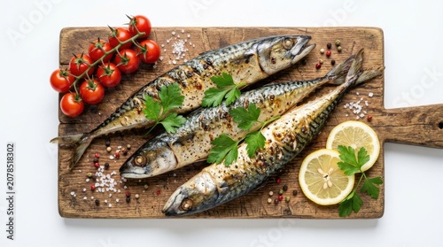 Three freshly grilled whole mackerel fish served on a rustic wooden board with lemon slices, cherry tomatoes, and parsley
