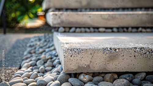 Worn concrete step exposed aggregate close up