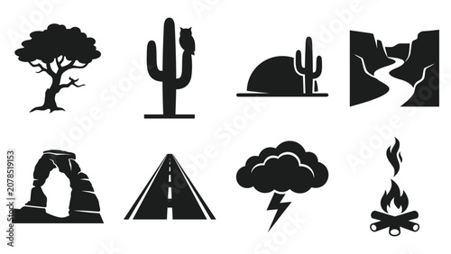 Canvastavla Desert landscape vector clipart set with cactus, road, storm, campfire, and cany