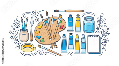 Bild auf Leinwand Colorful paint brushes and art supplies.