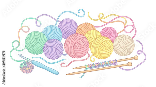Photos Colorful yarn balls and crochet hooks.