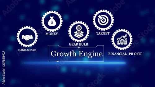 Growth engine business concept: financial success, strategy, and corporate development infographic animation