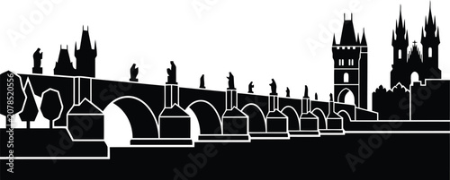Obraz na płótnie Prague skyline silhouette with Charles Bridge and historic city towers in black