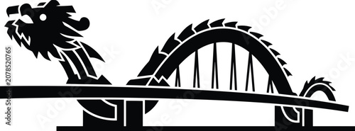 Canvastavla Black silhouette of roller coaster track bridge with dragon head, amusement park