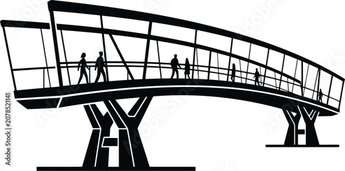 Foto Silhouettes of people walking on modern pedestrian bridge isolated on white