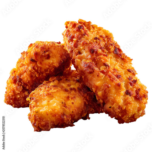 Three crispy breaded chicken tenders or nuggets isolated on transparent background
