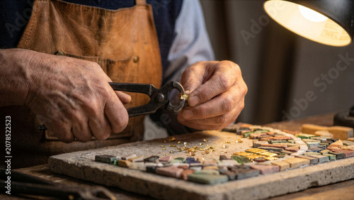 Italian mosaic master cutting gold leaf tessera glass tile hard steel nippers macro photography