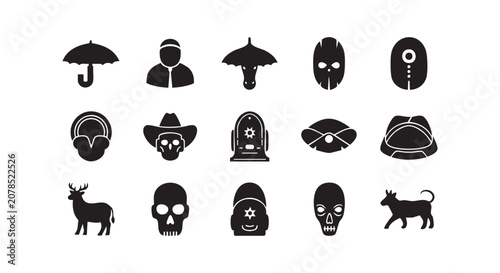 Mysterious icon assortment including gothic skulls spooky tombstone tribal masks cowboy bones and diverse character icons.
