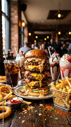 Giant triple decker bacon cheeseburger with milkshakes and fries