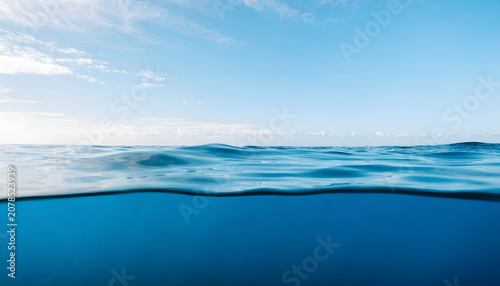 Split view of the ocean surface with a clear blue sky above and deep blue water below, showing the horizon line and gentle waves