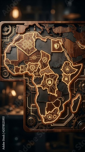 Futuristic wooden map of africa with glowing golden circuits and locks