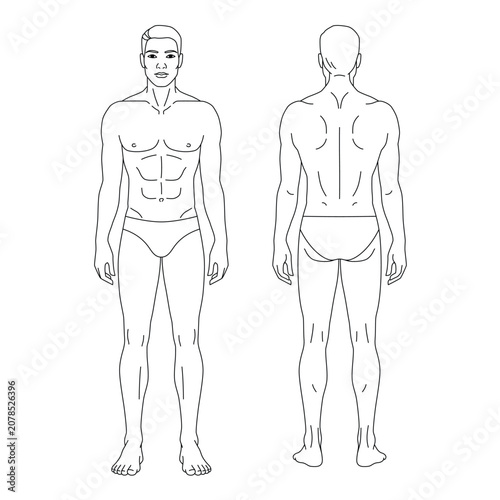 Minimal male body anatomy template with front and back views in clean outline style. Suitable for medical education, fitness guides, body measurements, tattoo placement, physiotherapy, massage therapy
