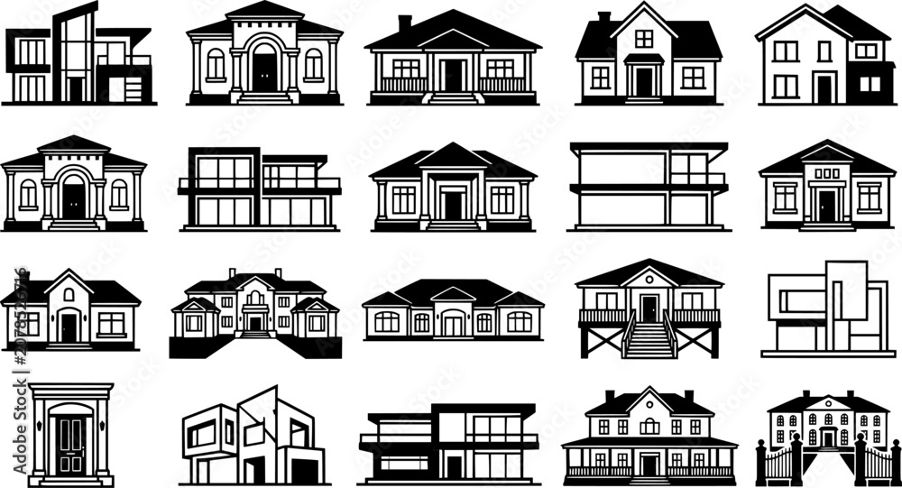 Fototapeta premium House and Building Vector Icon Set, Black and White Real Estate Architecture Collection Isolated on White Background