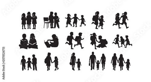 School children silhouettes walking with backpacks reading books and holding hands with adults vector illustration pack.