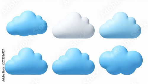 Set of 3D rendered fluffy blue and white clouds