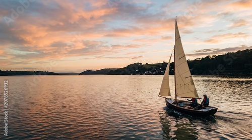 Wooden sailboat sailing on a tranquil river at sunset