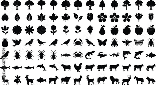 Photography Collection of black silhouette of nature, animals, and on white background, tree