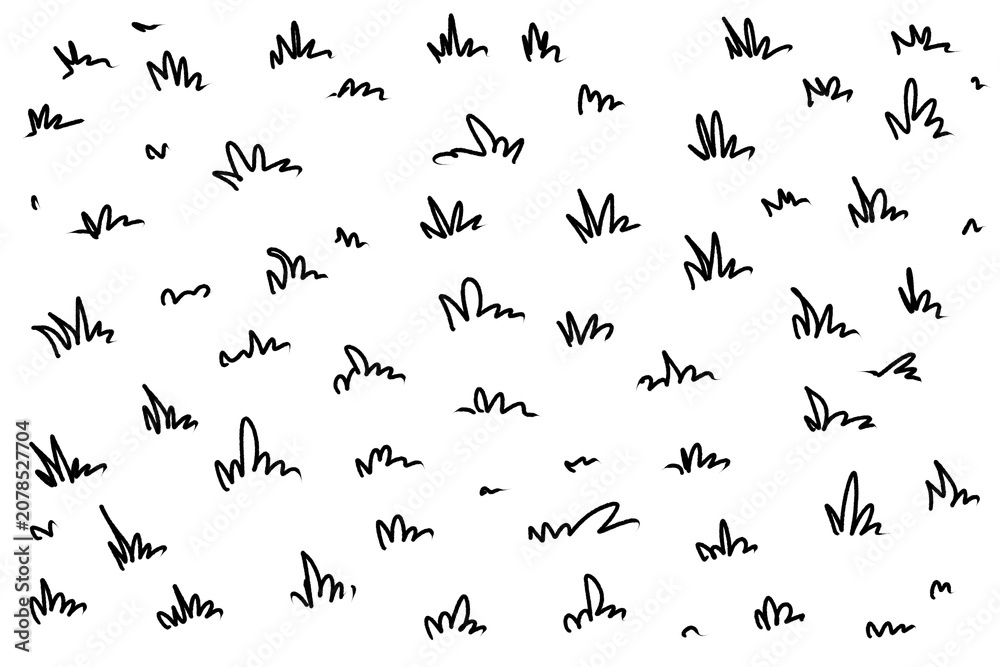 Obraz premium Set of hand drawn grass tufts and plant doodles isolated on white background Hand drawn grass doodle elements set on white background Minimalist line art grass icons collection for landscape design 