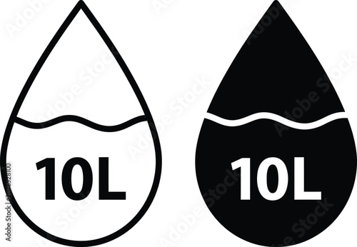 Water droplet icon with 10L text representing liquid volume measurement