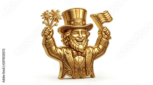 Fotografie Golden Uncle Sam Statue Holding American Flag and Fireworks.