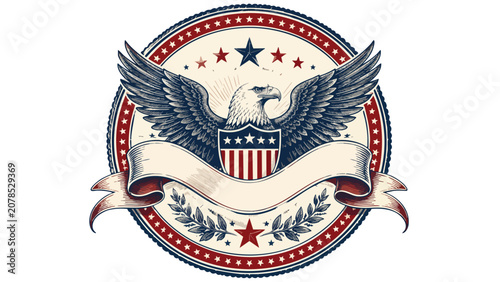 Vintage 4th of July USA Retro Poster with eagle shield and stars on a patriotic banner