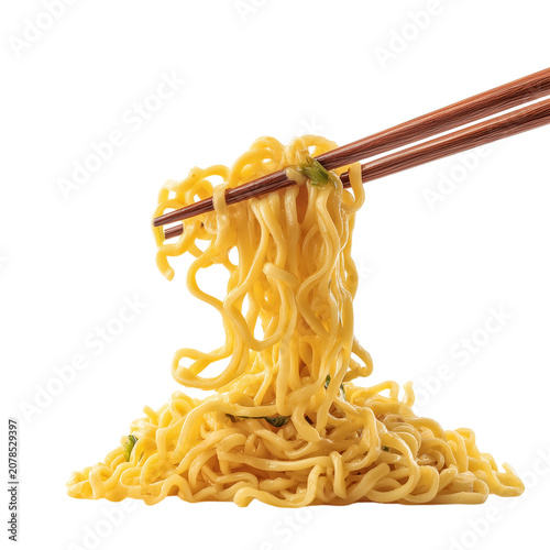 Closeup of instant noodles being lifted with wooden chopsticks isolated on transparent background
