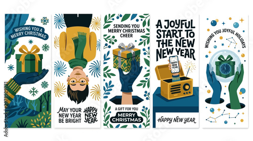 Holiday Greeting Cards with Festive Illustrations and Wishes