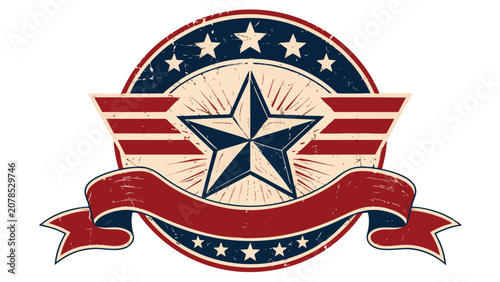 Vintage 4th of July USA Retro Poster with star and banner, Day USA celebration emblem