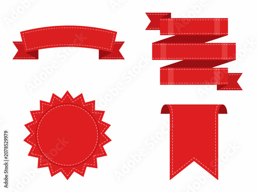 Red ribbon banners and starburst label collection featuring stitched borders isolated on a clean white background for graphic design