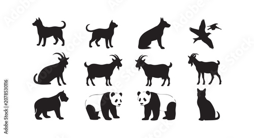 Set of black silhouettes featuring various farm and wild animals including panda dog goat cat and birds for design.