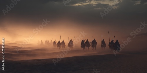 Silhouetted riders on horseback travel across a hazy desert landscape at dusk