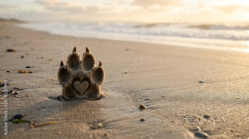 Dog paw print sand sculpture with heart on beach at sunset