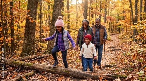 Happy Multi-Generational African American Family Hiking in a Colorful Autumn Forest, Grandparents and Grandchildren Enjoying a Woodland Path.