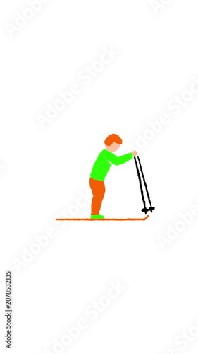 Vertical 4K video. Loop simple animation. Flat cartoon athlete with orange helmet rides ski down white snow. Green skier man skis and slides down slope. Concept of winter sport, tourism, vacation, win