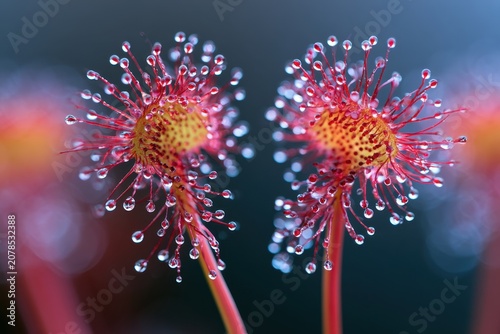 Carnivorous drosera leaves displaying glistening mucilage glands in a sharp macro focus for scientific study and biological advertising