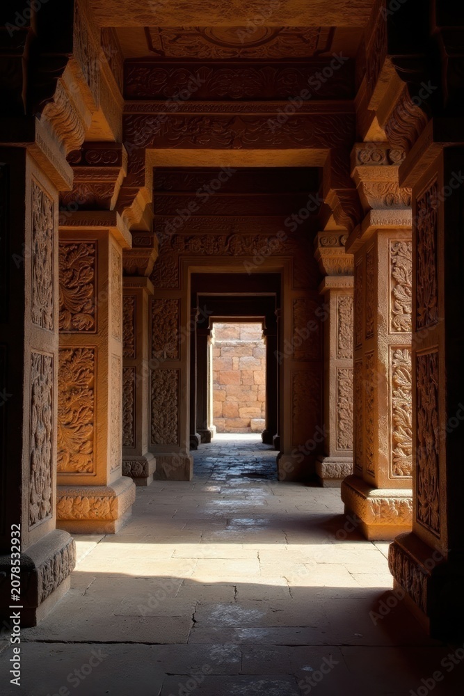 Fototapeta premium Ancient temple interior with intricate carvings, stone, interior