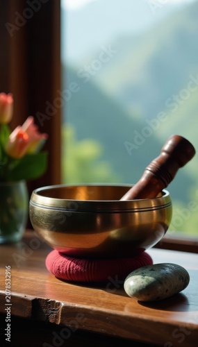 Ancient Tibetan singing bowl set on a wooden table with Himalayan stone , bowls, ancient