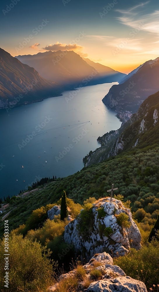 Fototapeta premium Serene Mountain Lake Landscape at Sunset with Mist and Rocky Foreground.