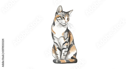 Watercolor illustration of a relaxed calico cat on white background