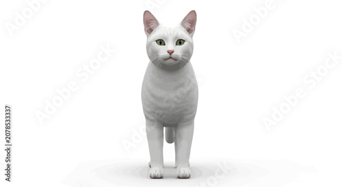 White cat standing facing forward against a white background studio shot